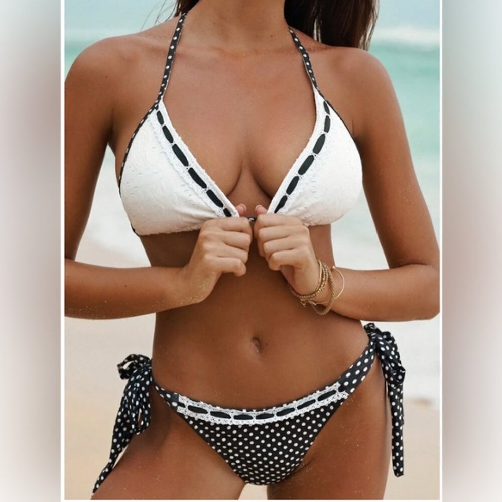 Eyelet Halter Polka Dot Bikini Black/White